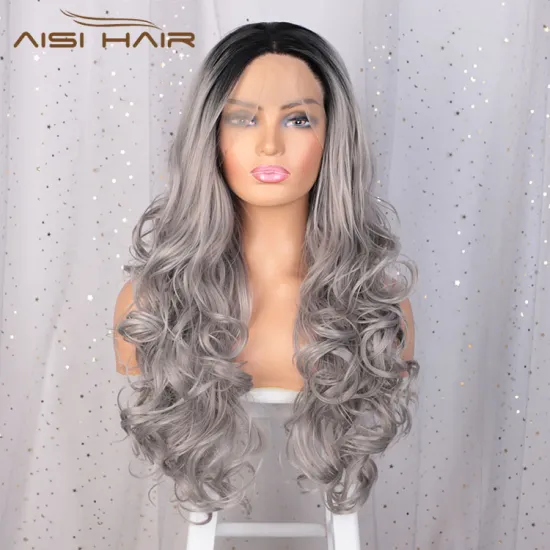 Aisi Hair Cosplay Synthetic Ombre Gray Dark Root Wig Long Wavy Swiss Lace Wig Body Wave Lace Frontal Hair Wigs For Black Women