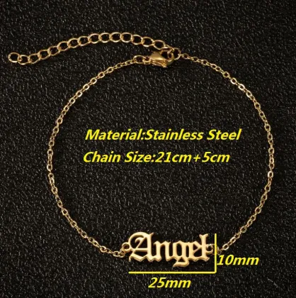 Adjustable Silver Gold Plated Stainless Steel Old English Letter Angel Anklet Bracelet