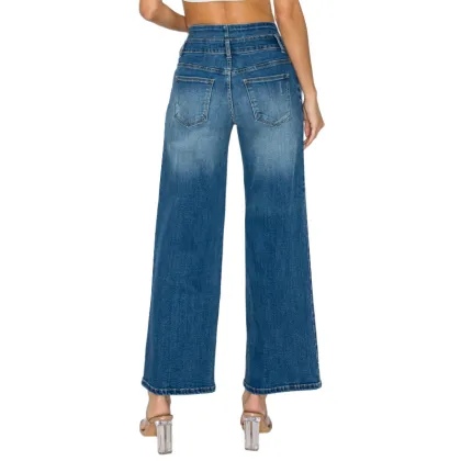New Design Ladies Wide Leg Jeans Double Waist High Rise Denim Pants