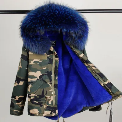 OEM ODM Big Raccoon Fur Collar Faux Fur Lined Women Camouflage Coat