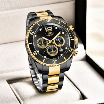 Lige Men's Stainless Steel Chrono Waterproof Watch with Moon Phase and Three Dials