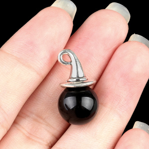 Black Obsidian 12mm Balls & Spheres Silver Wizard Cap Pendant for Making Jewlery Stone Beads Halloween Charms Decor Gift