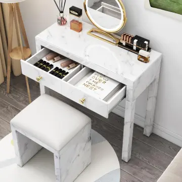 Tempered glass marble textured dressing table and stool