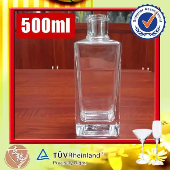 Spirits pakaging fine white glass food grade 500ml empty rectangular glass bottles