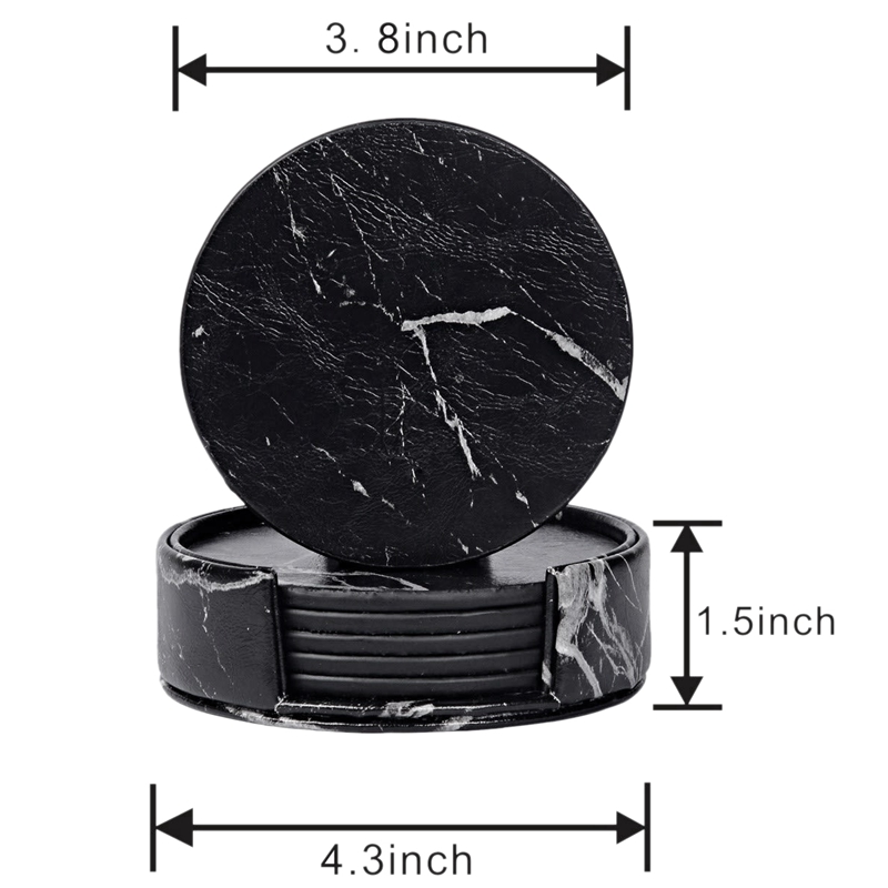 Coasters for Drinks 6-Piece with Holder,Marble Black Round Cup Mat Pad Set Of Home and Kitchen Use
