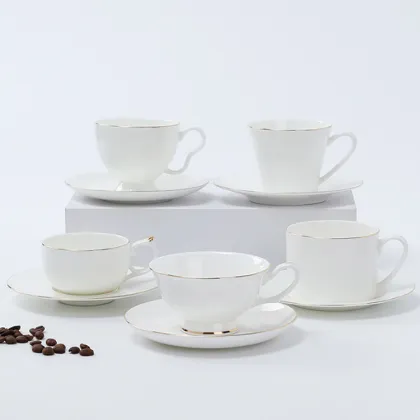 China Supplier Wholesale Bone China Gold Rim Tea Cup and Saucer Set, White Porcelain Coffee Cup and Saucer Set