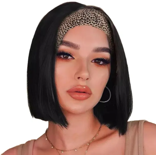 Cheap Natural Color Bob Straight hair Short Bob wig vendor ice silk Headband wig With Scarf synthetic hair wig for black women