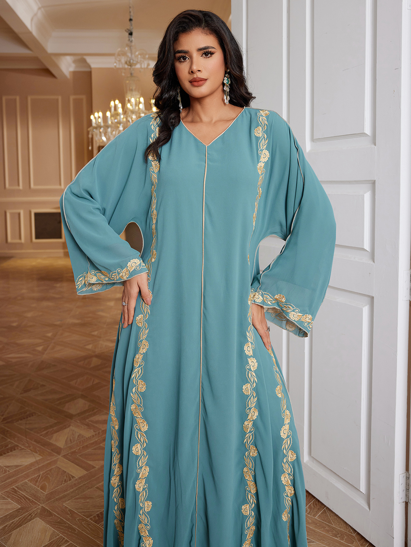 Floral Embroidered Chiffon Abaya Dress (2)