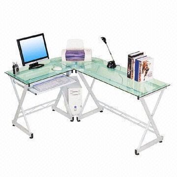 Glass Corner Desk with Tempered Glass Tabletop and Pull-out Keyboard Shelf