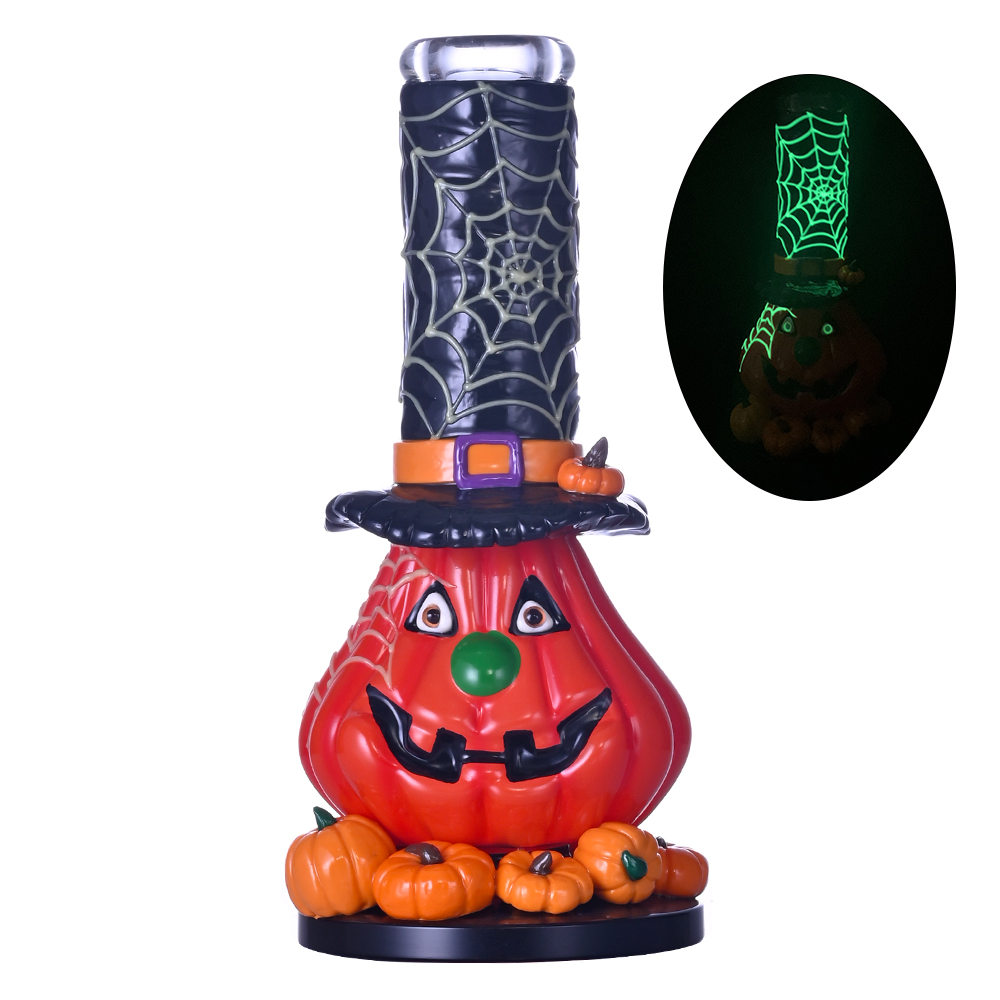 Letsoho le nkiloeng ka letsoho la mokokhini la konkn, le khanya lefifing, Halloween pumpkin, borolilicate phala ea metsi a khalase e nang le 14mm Bowl