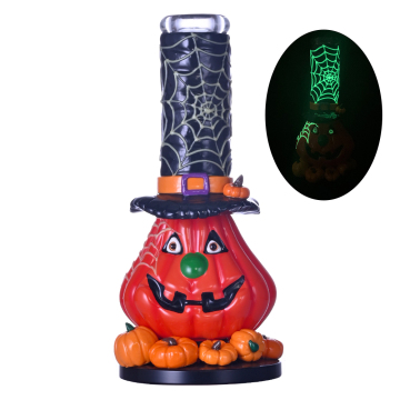 Hand Drawn Colorful Pumpkin Glass Beaker Bong,Glow In The Dark,Halloween Pumpkin,Borosilicate Glass Water Pipe With 14mm Bowl