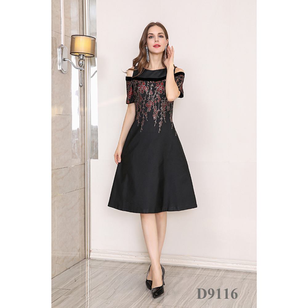 Boat Neck Short Flower Pattern sleeve 2021 New Fashion Woman Evening Dresses
