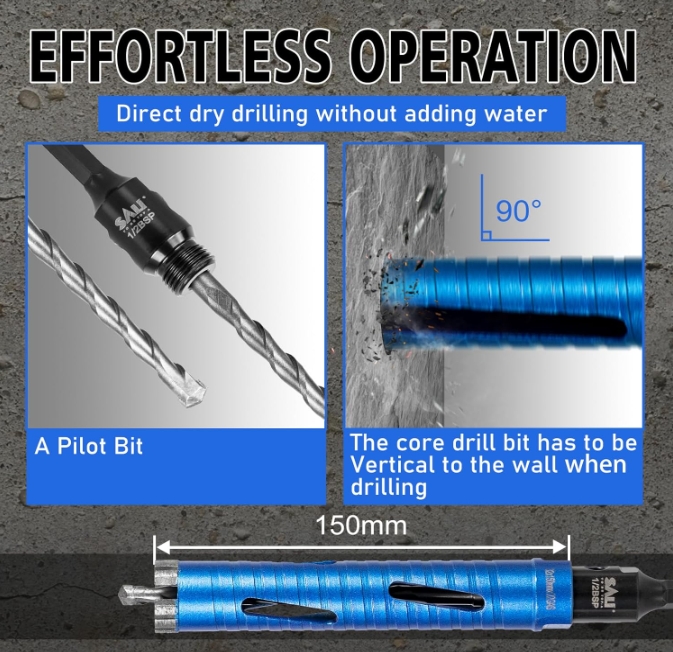 Broca de núcleo de diamante seco con adaptador SDS y taladro piloto