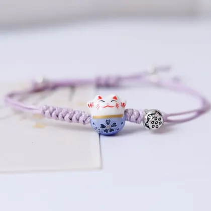 Chinese Knot Bracelet with Ceramic Lucky Cat - Red Rope Bracelet for Women