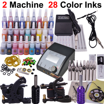 Professional Tattoo Kit 2pcs Machine Guns Shader Liner Power Supply Needles 28 Colors Ink Tip Tattoo Set