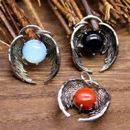 Red Jasper10MM Balls Silver Alloy Angle Wing Pendant Necklace Choker Jewelry