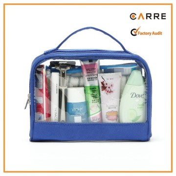 blue microfiber trim clear PVC travel pouch transparent toilet bag