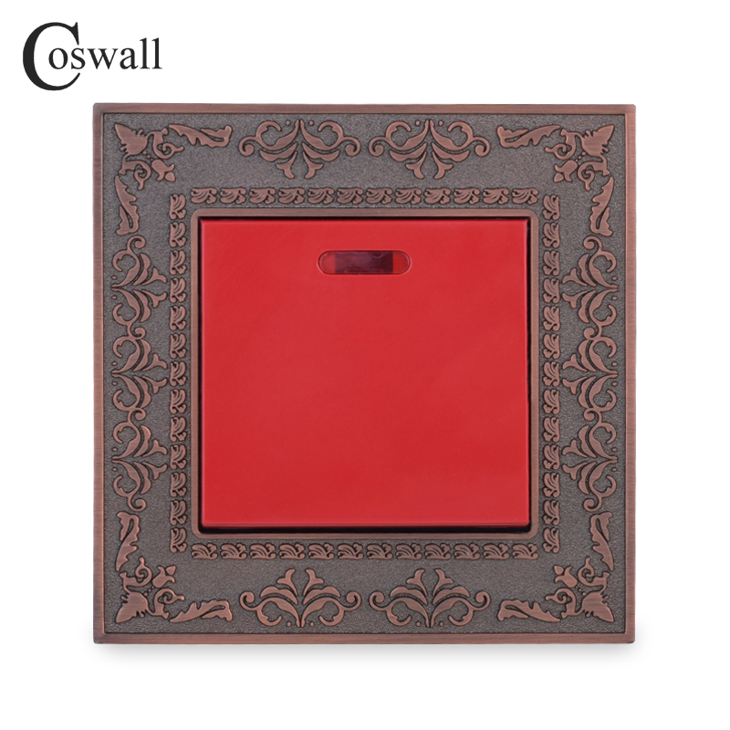 Coswall Zinc Alloy Metal Panel 45A On / Off 3x3 DP Switch Wall Switch With Neon Indicator For Water Heater Embossing Retro Style