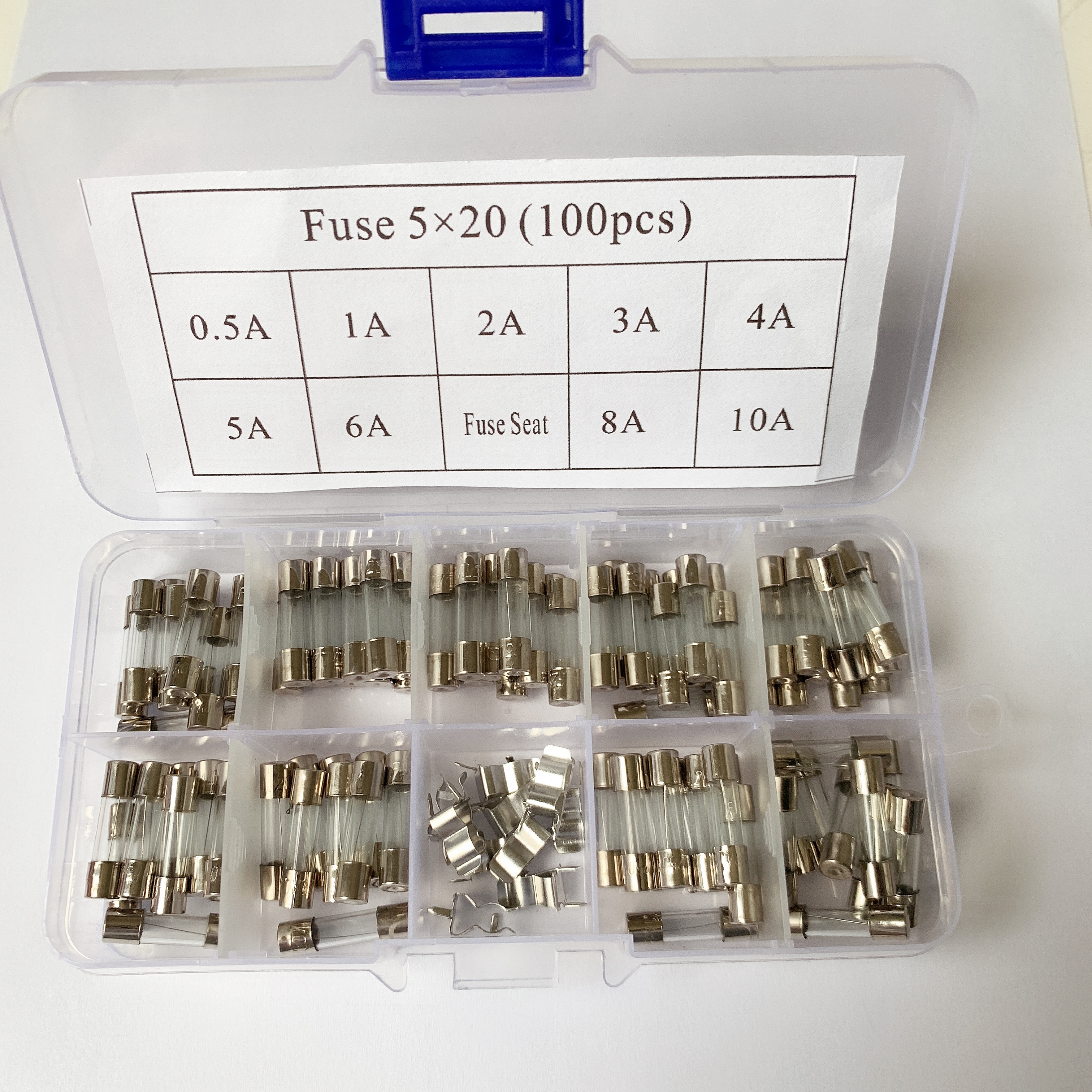 100 pcs / set of 5x20 mm fast blow fuse kit, various specifications, 0.5A 1A 2A 3A 4A 5A 6A 8A 10A fuse seat 10pcs each