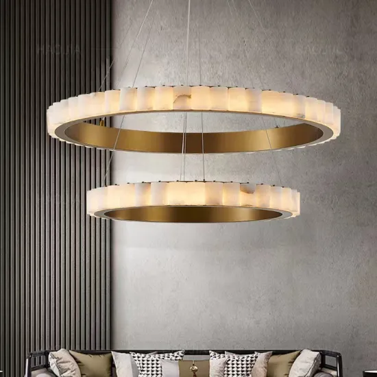Modern Gold Round Ring 60+80cm Hanging Steel Marble Pendant Light