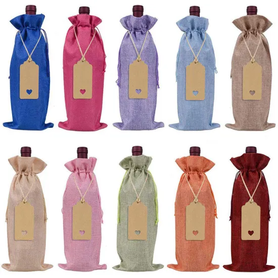 Custom Logo Jute Drawstring Wine Bottle Bag