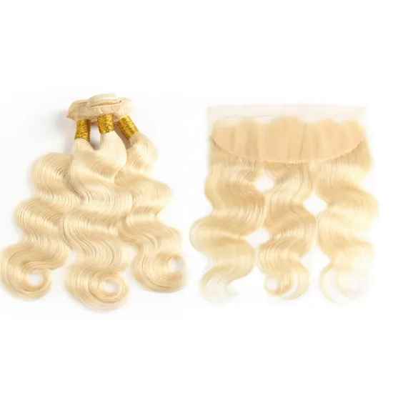 Russian free sample raw wefted human hair extensions curly lace closure 613 blonde bundles with frontal hair weave diatributors