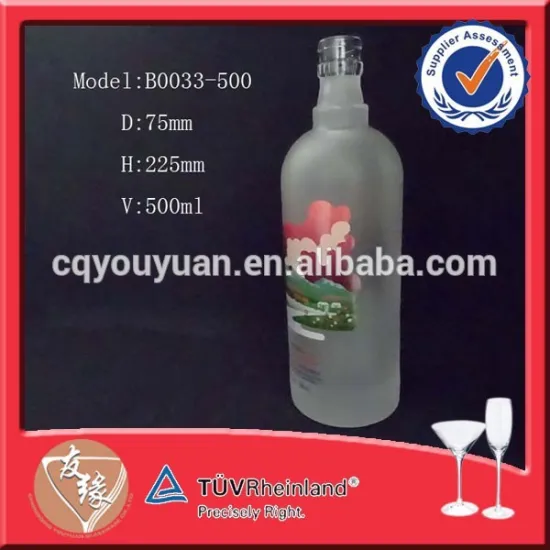 500ml fancy glass bottle with landscape painting
1,  vodka glass bottle 
10, scew port round spirits glass bottle 750ml