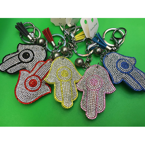 Fatima's Hand Rhinestone Tassel Multicolour Leather Keychain Keyring