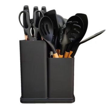 Black Silicone Kitchen Utensil Set with Wooden Handles - 19 Piece Cookware Gadgets