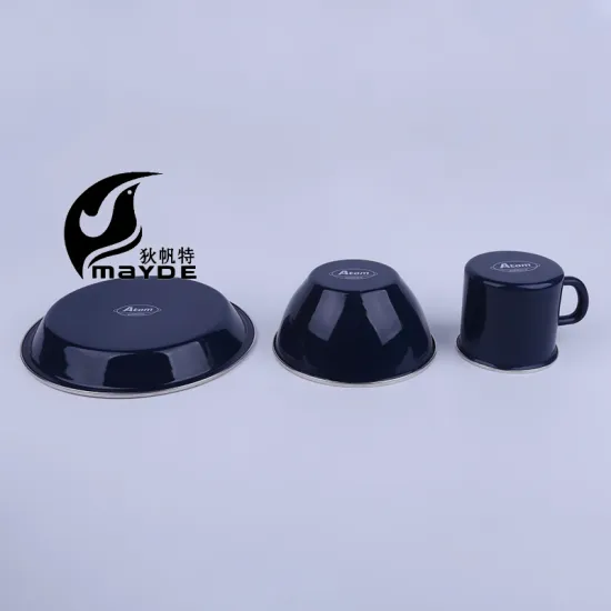 Dark Blue Enamel Cup Metal Plate Cast Iron Bowl for Camping