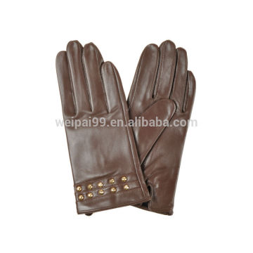 Dark brown wrist metal rivet decoration women sheepskin leather gloves,elegant female gloves SL-EW184