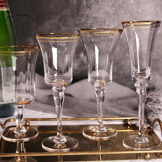 Wholesale Unique Gold Trim Colored Clear Glass Wine Goblets, Champagne Glasses & Flutes for Uniquely Elegant Weddings