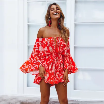 Hot Selling Bohemian Summer Dresses Women Printed Off Shoulder Ruffled Dress Jumpsuit Beach Vestidos
