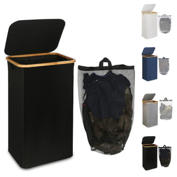 100L Laundry Basket with Bamboo Handles and Inner Bag for Clothes and Toys - Large, Freestanding and Collapsible Design in Blue