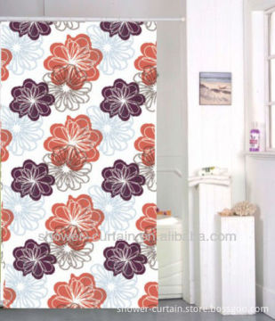 polyester fabric brown color flower printed shower curtain