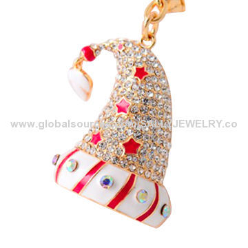 Christmas hat-shaped alloy keychains, made of alloy/rhinestone, small and OEM orders are welcome