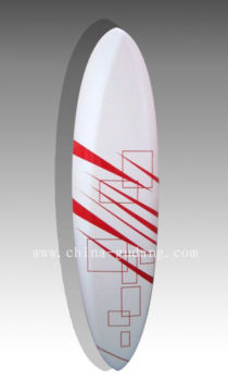 abstract design red fiberglass fun surfboard