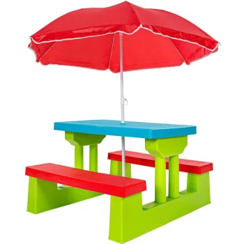 Multi-Colour Picnic Table and Bench Set with Umbrella for Kids - Indoor/Outdoor