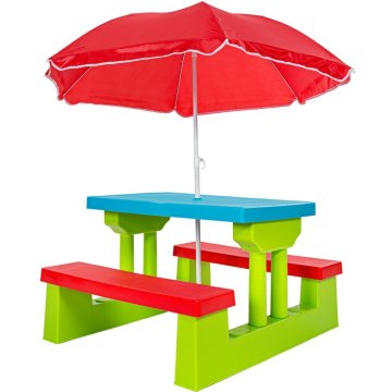 Multi-Colour Picnic Table and Bench Set with Umbrella for Kids - Indoor/Outdoor