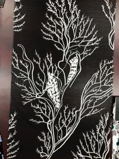 White Branches With Black Chiffon Embroider Fabric