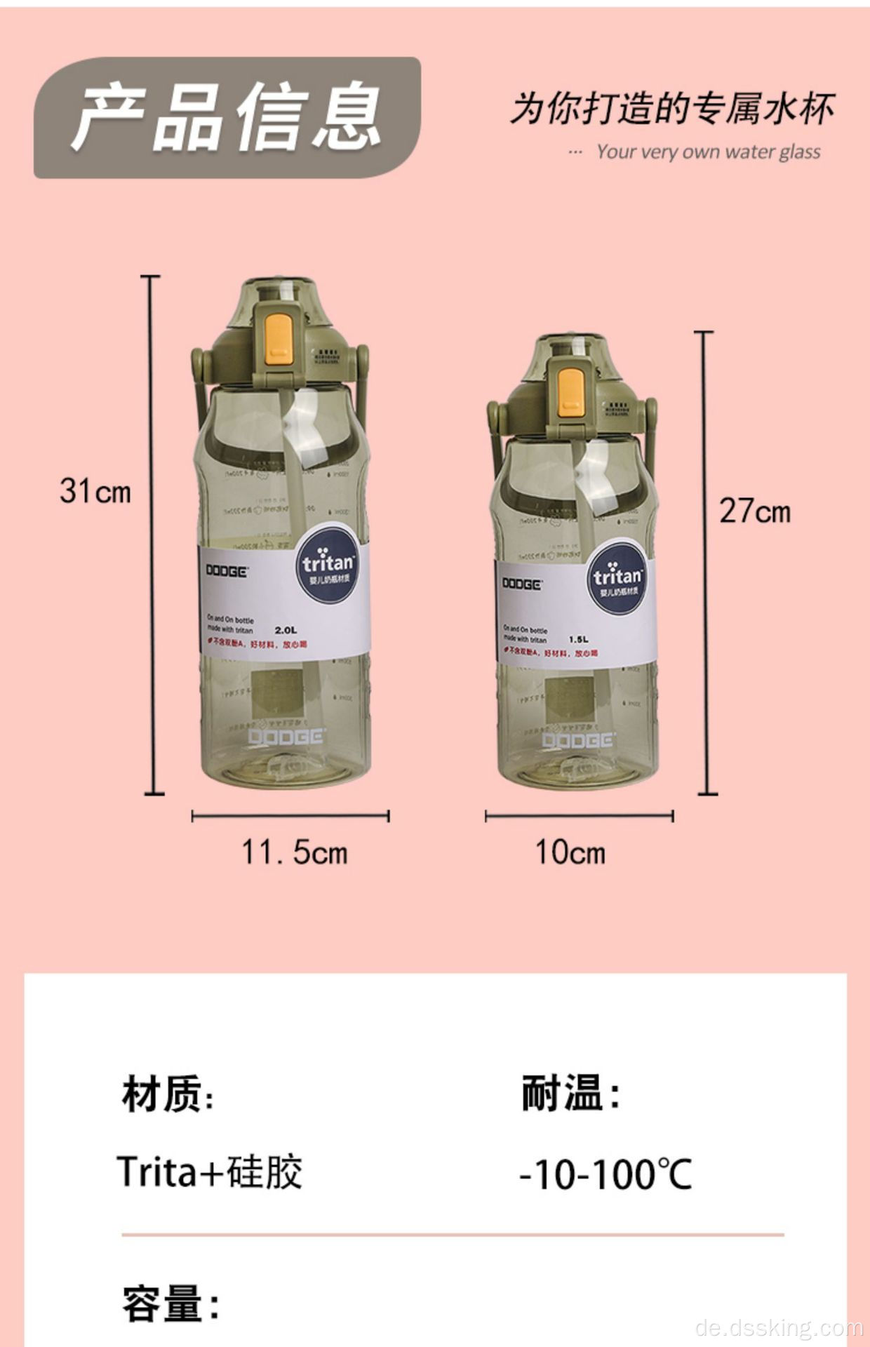 Fitness Wasserflasche mit großer Kapazität Tritan BPA -freier Filterwasserflasche