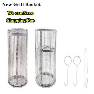 Wholesale 304 stainless steel rolling grilling basket outdoor BBQ cylinder grill smoked mesh drum barbecue tools