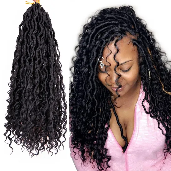 Messy Goddess Locs Crochet Hair 14 Inch 18 inch River Fauxs Locs Wavy Crochet With Curly Hair Synthetic Braiding Hair Extension