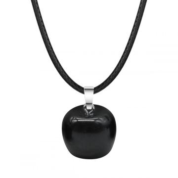 3D Black Obsidian Apple Pendant Necklace for Women Girls