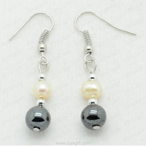 Freshwater pearl hematite round beads earring