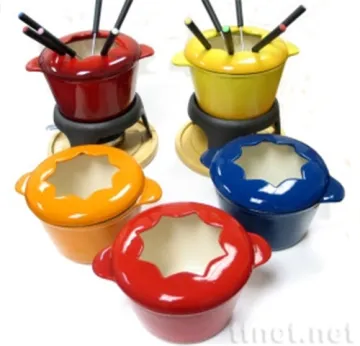 Various color enamel coating cast iron cheese fondue set/pot