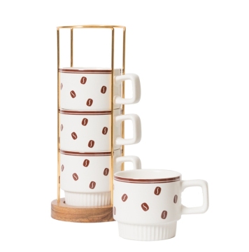 Stackable Ceramic Demitasse Mugs with Rack - Convenient Storage Set