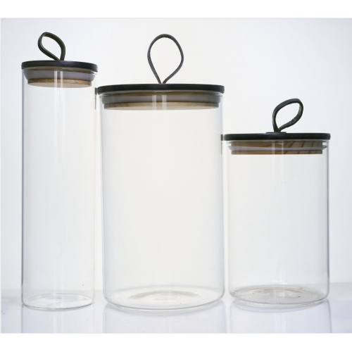 China glass canister with black lid storage jar Supplier