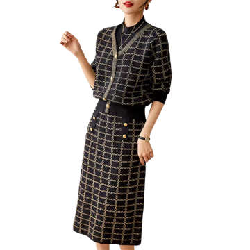 Vintage Plaid Knitted Women's Elegant Long Sleeve Pullover Sweater and Midi Skirt Two-Piece Set