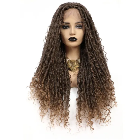 X-tress Brown Dreadlocks Braided Wigs Synthetic Lace Frontal Wig With Faux Locs Curly River Crochet Braid Middle Part Braids Wig
